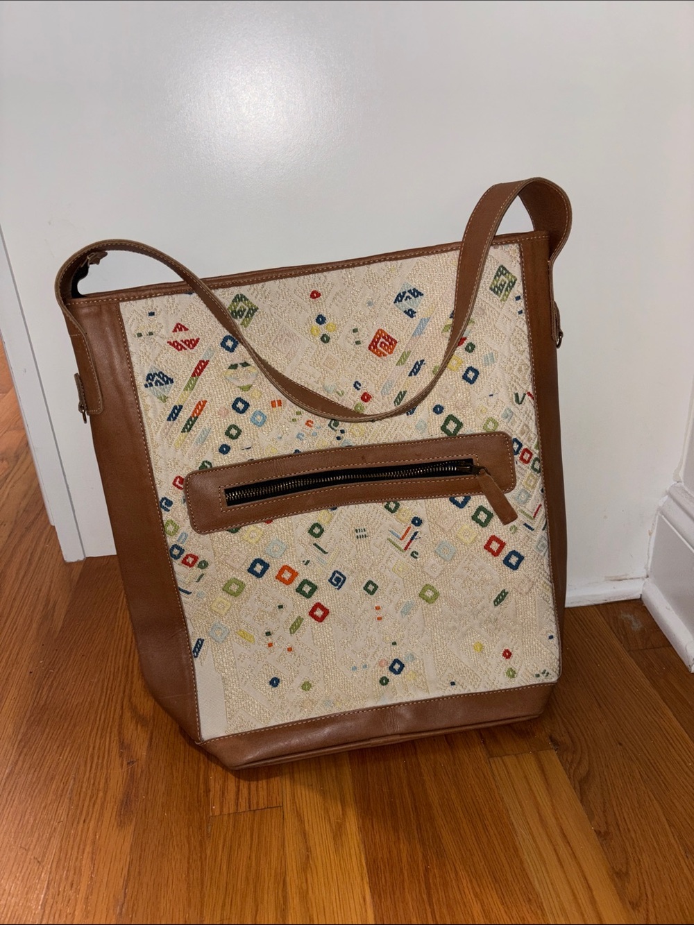 Boho Embroidered Leather Tote with embroidered Design